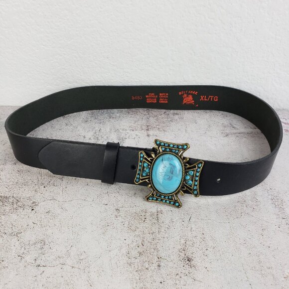 Vintage Belt Shak Canada Leather Belt Western Faux Turquoise Buckle Black sz XL